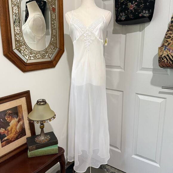 VTG Y2K Halston Lingerie Bright Sheer White Floral Embroidered Beaded Maxi Slip - Picture 1 of 7